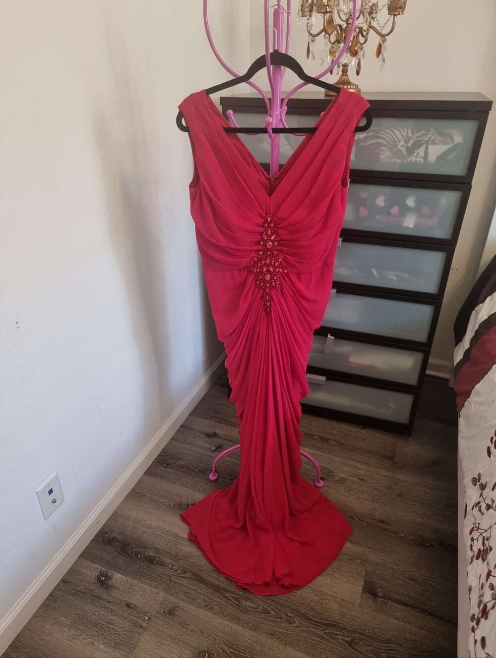 Elegant Fuchsia Evening Gown with Beaded Ruched Detail